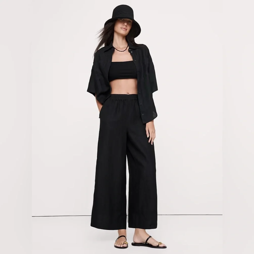 NWT! Banana Republic Black High-Rise Wide-Leg Linen Pull-On Ankle Pant - 🩷901561
